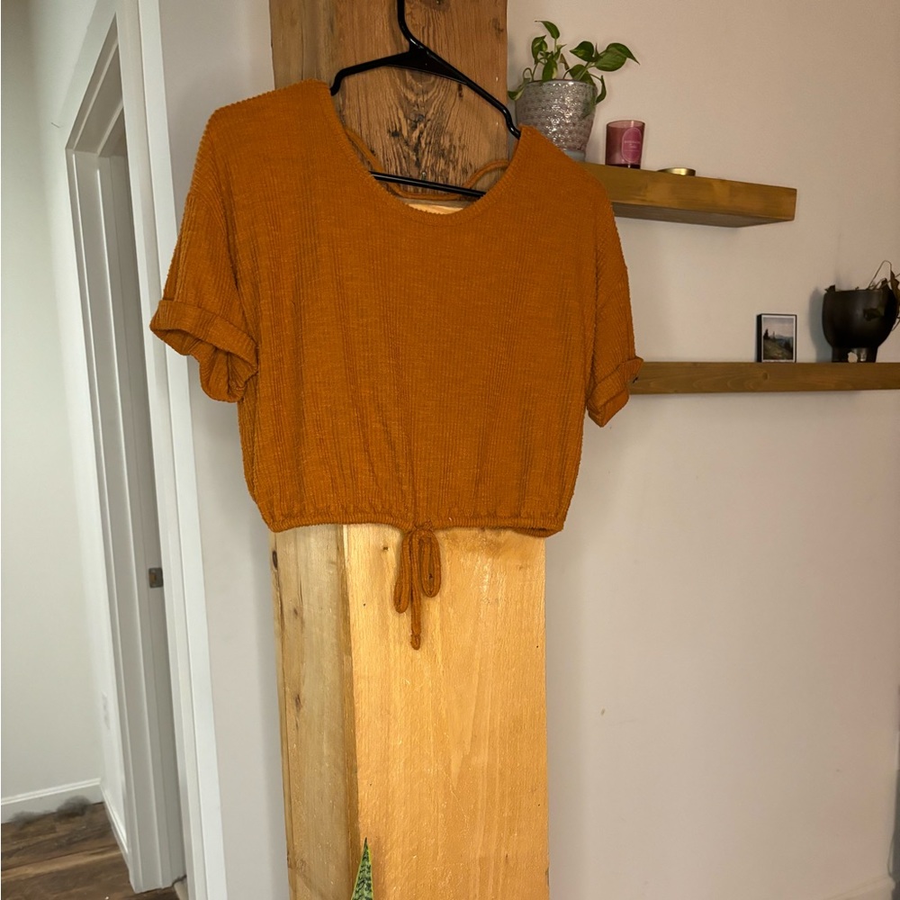 Burnt orange, and blue women’s open back casual crop tops.